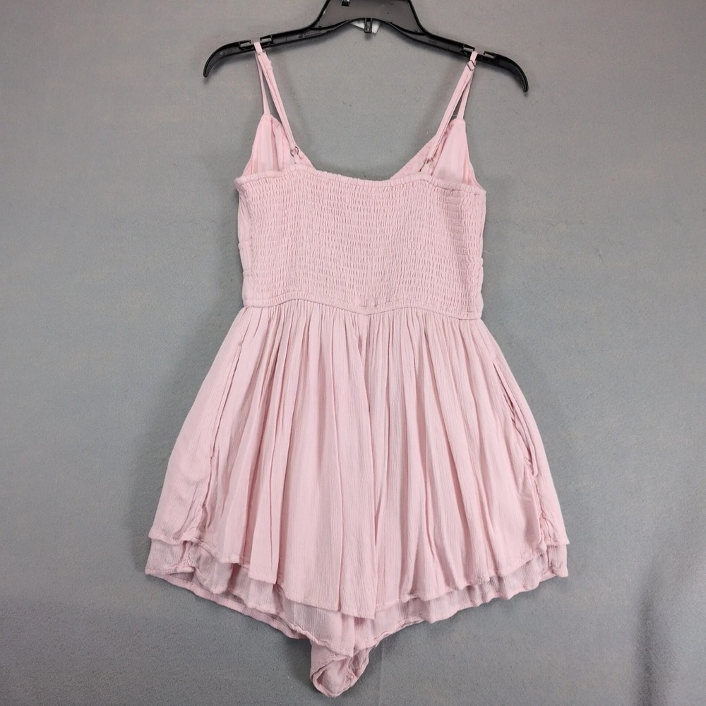 Hollister Pink Smocked Babydoll Romper Sz M Tie Front Lined Pockets Y2K Coquette - Picture 3 of 10